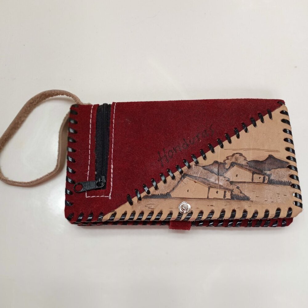 Red Leather Women Wallet w/Zipper & Mirror Handmade by Central American Artisans